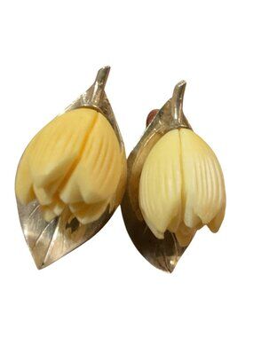 Vintage Sterling Silver & Yellow Bakelite Tulip Flower Clip-On Earrings 1"H